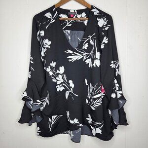 Vince Camuto Womens  Black Floral Bell Sleeve Blouse Size L V Neck Feminine NWT
